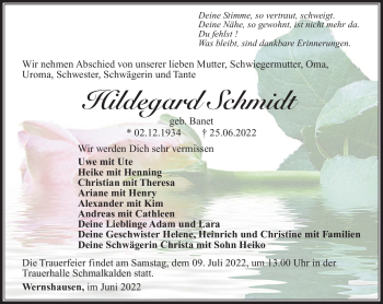 Traueranzeige von Hildegard Schmidt von Südthüringer Presse