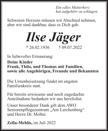 Traueranzeige von Ilse Jäger von Südthüringer Presse