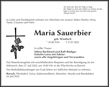 Traueranzeige von Maria Sauerbier von Südthüringer Presse