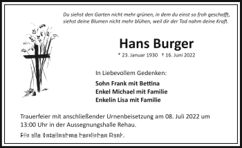 Traueranzeige von Hans Burger von Frankenpost