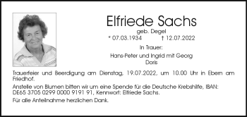 Traueranzeige von Elfriede Sachs von Neue Presse Coburg