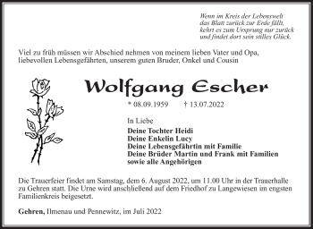 Traueranzeige von Wolfgang Escher von Südthüringer Presse