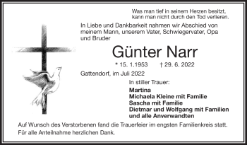 Traueranzeige von Günter Narr von Frankenpost