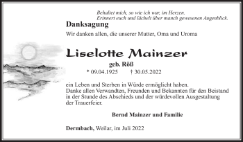 Traueranzeige von Liselotte Mainzer von Südthüringer Presse