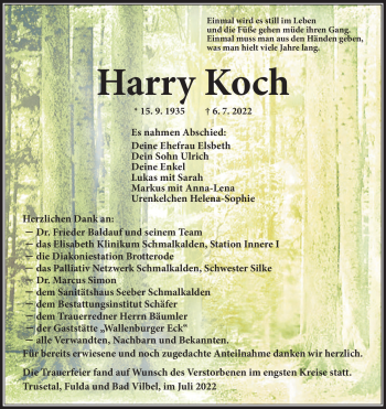 Traueranzeige von Harry Koch von Südthüringer Presse