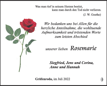 Traueranzeige von Rosemarie Nagel von Südthüringer Presse