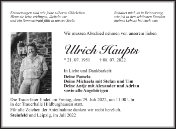 Traueranzeige von Ulrich Haupts von Südthüringer Presse