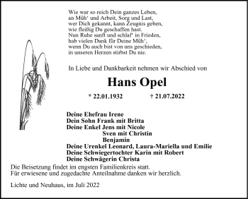 Traueranzeige von Hans Opel von Südthüringer Presse