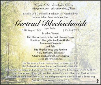 Traueranzeige von Gertrud Blechschmidt von Südthüringer Presse