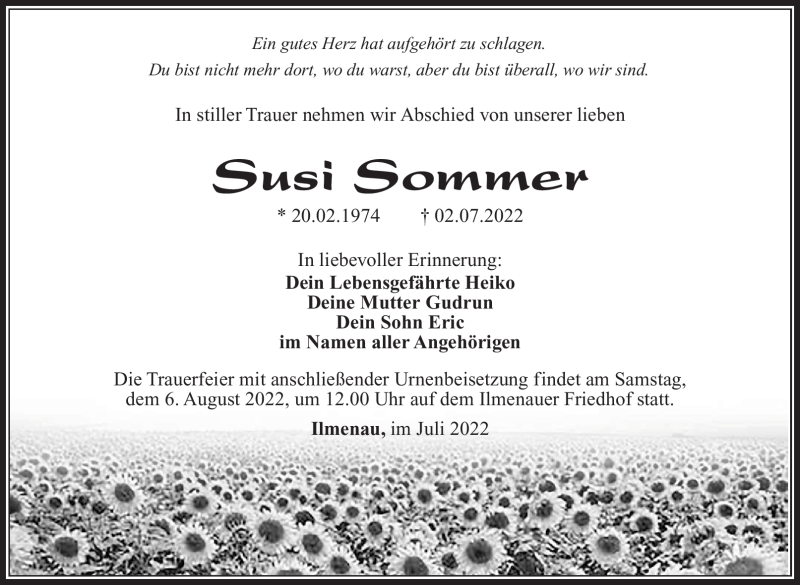  Traueranzeige für Susi Sommer vom 23.07.2022 aus Südthüringer Presse