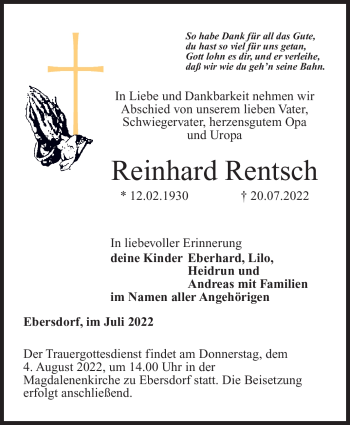 Traueranzeige von Reinhard Rentsch von Neue Presse Coburg