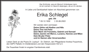 Traueranzeige von Erika Schlegel von Frankenpost