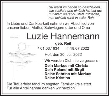 Traueranzeige von Luzie Hannemann von Frankenpost