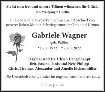 Traueranzeige von Gabriele Wagner von Südthüringer Presse