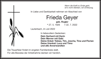 Traueranzeige von Frieda Geyer von Frankenpost