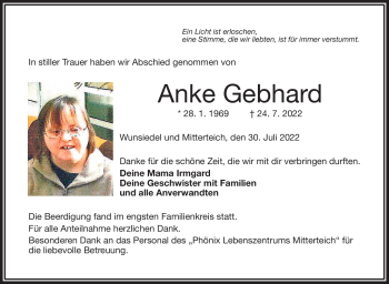 Traueranzeige von Anke Gebhard von Frankenpost