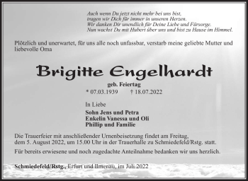 Traueranzeige von Brigitte Engelhardt von Südthüringer Presse