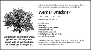 Traueranzeige von Werner Bruckner von Frankenpost