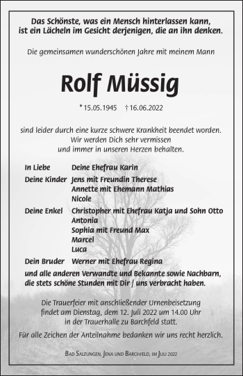 Traueranzeige von Rolf Müssig von Südthüringer Presse