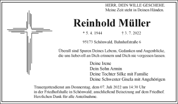 Traueranzeige von Reinhold Müller von Frankenpost