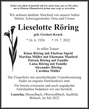 Traueranzeige von Lieselotte Röring von Südthüringer Presse