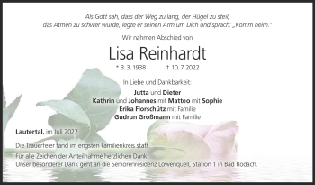 Traueranzeige von Lisa Reinhardt von Neue Presse Coburg
