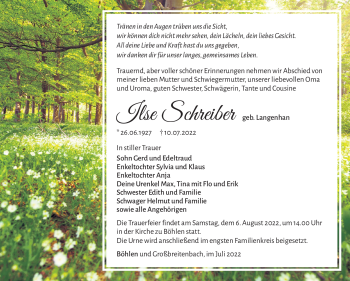 Traueranzeige von Ilse Schreiber von Südthüringer Presse