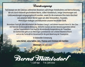 Traueranzeige von Bernd Mittelsdorf von Südthüringer Presse