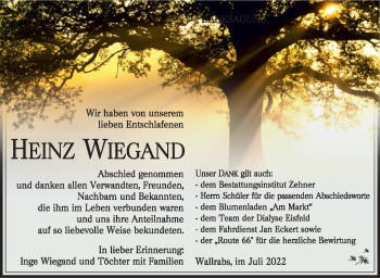 Traueranzeige von Heinz Wiegand von Südthüringer Presse