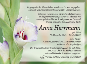 Traueranzeige von Anna Herrmann von Südthüringer Presse