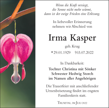 Traueranzeige von Irma Kasper von Südthüringer Presse