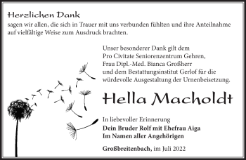 Traueranzeige von Hella Macholdt von Südthüringer Presse