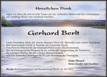 Traueranzeige von Gerhard Berlt von Südthüringer Presse