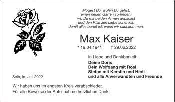 Traueranzeige von Max Kaiser von Frankenpost