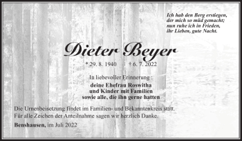 Traueranzeige von Dieter Beyer von Südthüringer Presse