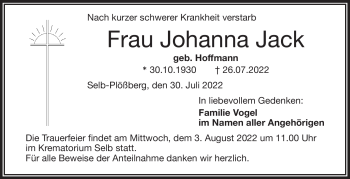 Traueranzeige von Johanna Jack von Frankenpost