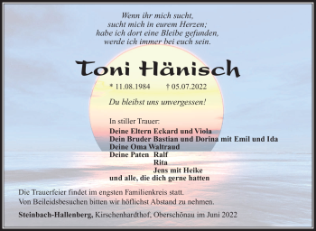 Traueranzeige von Toni Hänisch von Südthüringer Presse
