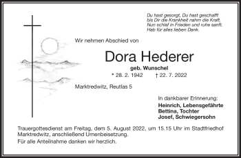 Traueranzeige von Dora Hederer von Frankenpost