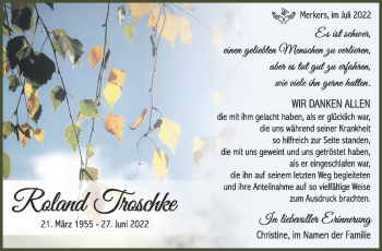 Traueranzeige von Roland Troschke von Südthüringer Presse