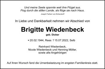 Traueranzeige von Brigitte Wiedenbeck von Frankenpost