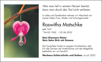 Traueranzeige von Roswitha Matschke von Südthüringer Presse