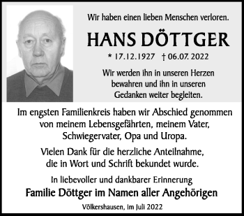 Traueranzeige von Hans Döttger von Südthüringer Presse