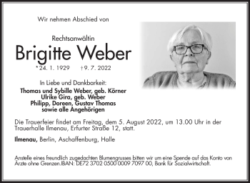 Traueranzeige von Brigitte Weber von Südthüringer Presse