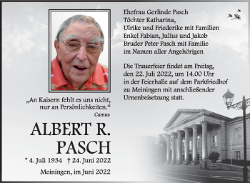 Traueranzeige von Albert Pasch von Südthüringer Presse