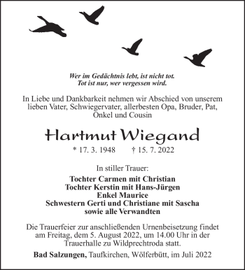 Traueranzeige von Hartmut Wiegand von Südthüringer Presse
