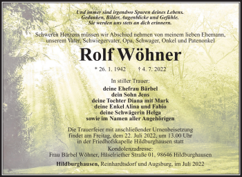 Traueranzeige von Rolf Wöhner von Südthüringer Presse