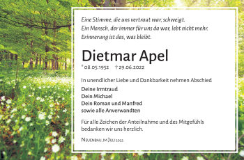 Traueranzeige von Dietmar Apel von Südthüringer Presse
