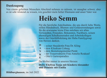 Traueranzeige von Heiko Semm von Südthüringer Presse