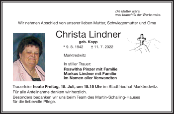 Traueranzeige von Christa Lindner von Frankenpost