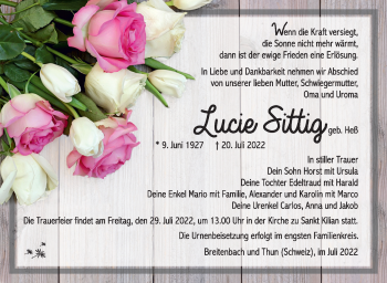 Traueranzeige von Lucie Sittig von Südthüringer Presse